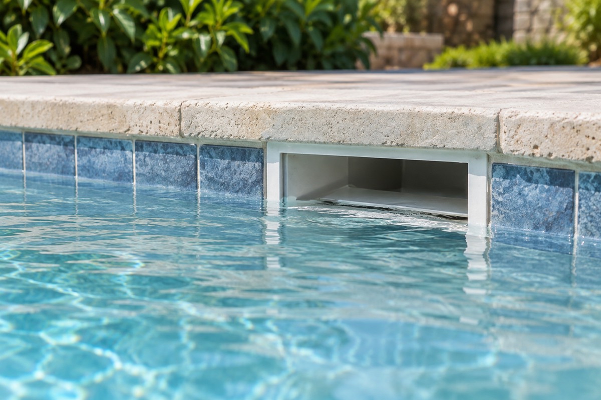 Close view of a swimming pool skimmer opening at the waterline